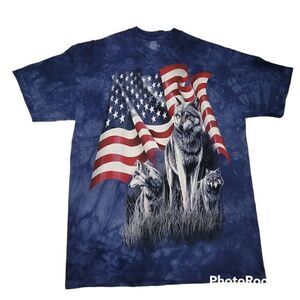 The Mountain Graphic T-Shirt Adult Medium Wolves American Flag Blue Tie Dye
